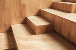 Abstract empty interior, natural wooden stairs